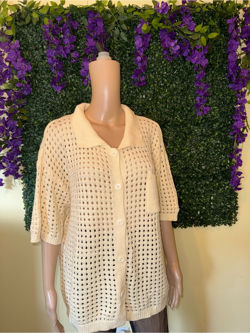 Fashion Nova Cream Open-Knit Button Cardigan with Collar
